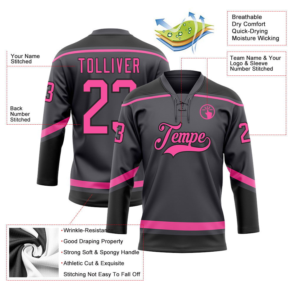 Custom Steel Gray Pink-Black Hockey Lace Neck Jersey view 3