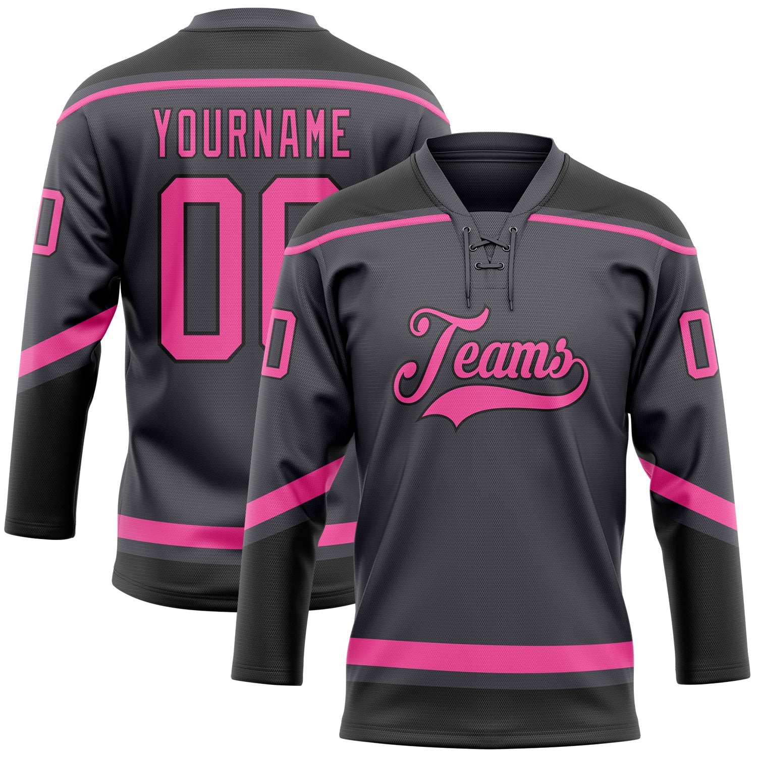 Custom Steel Gray Pink-Black Hockey Lace Neck Jersey - Main View