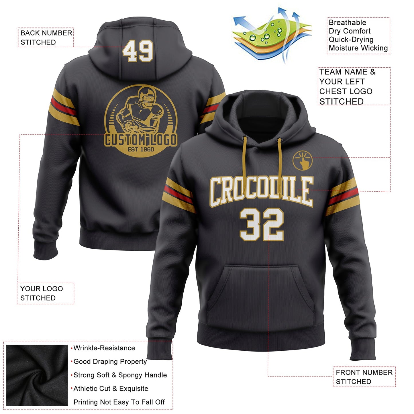Custom Stitched Steel Gray White Old Gold-Red Football Pullover Sweatshirt Hoodie view 2