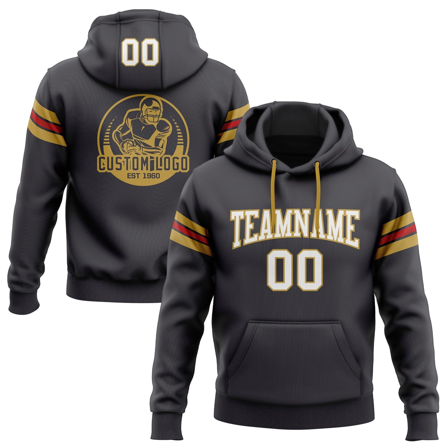 Custom Stitched Steel Gray White Old Gold-Red Football Pullover Sweatshirt Hoodie - Main View