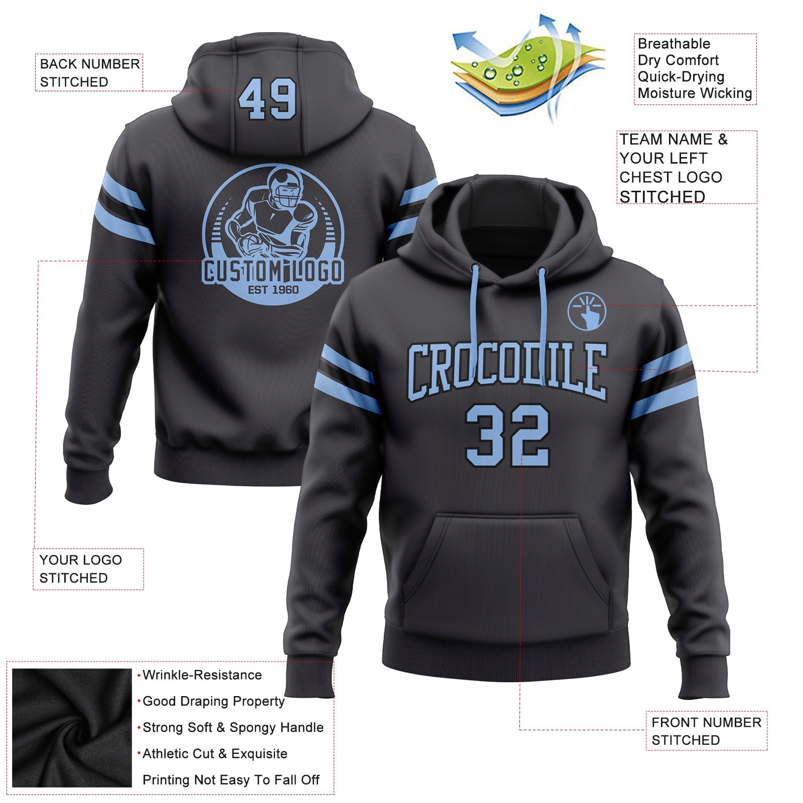 Custom Stitched Steel Gray Light Blue-Black Football Pullover Sweatshirt Hoodie view 2