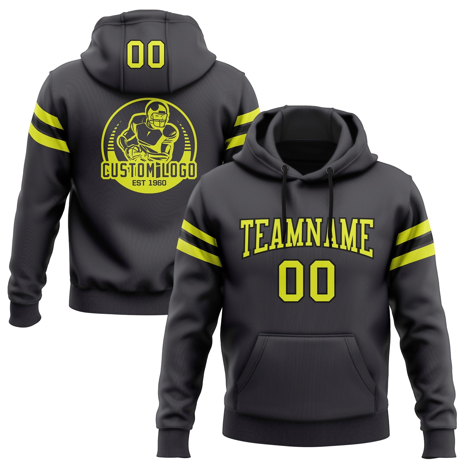Custom Stitched Steel Gray Neon Yellow-Black Football Pullover Sweatshirt Hoodie - Main View