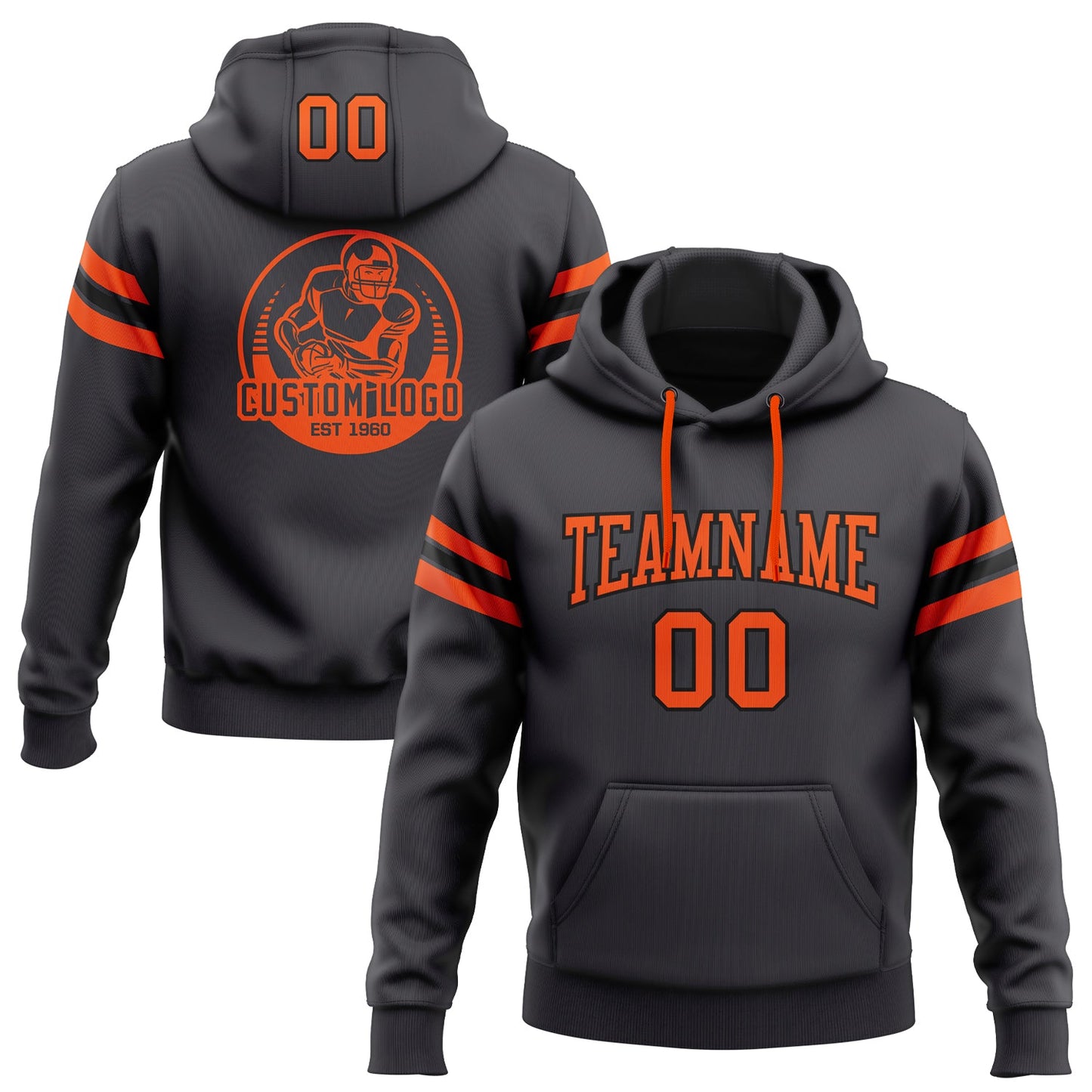 Custom Stitched Steel Gray Orange-Black Football Pullover Sweatshirt Hoodie - Main View