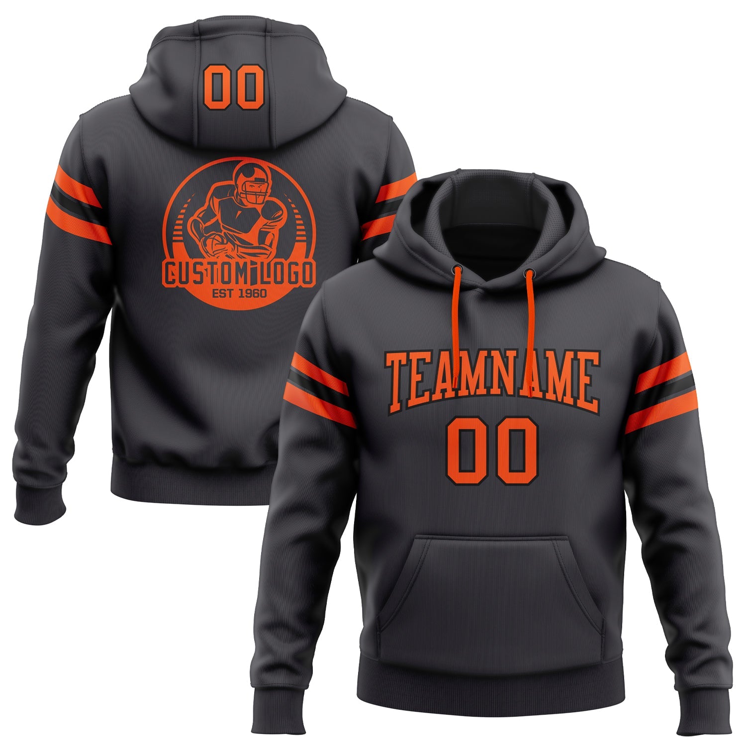 Custom Stitched Steel Gray Orange-Black Football Pullover Sweatshirt Hoodie - Main View