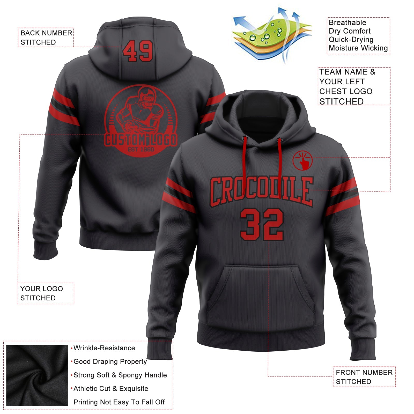Custom Stitched Steel Gray Red-Black Football Pullover Sweatshirt Hoodie view 2
