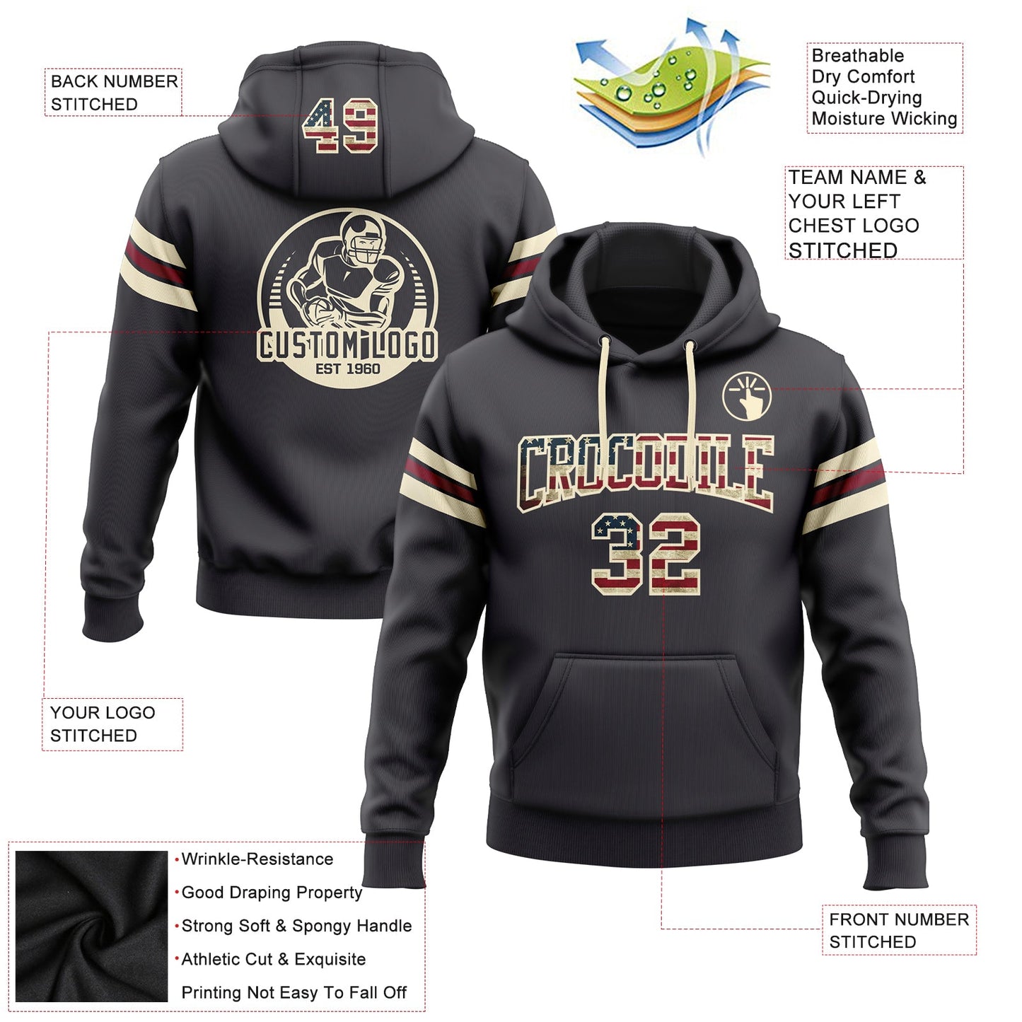 Custom Stitched Steel Gray Vintage USA Flag Cream-Crimson Football Pullover Sweatshirt Hoodie view 2