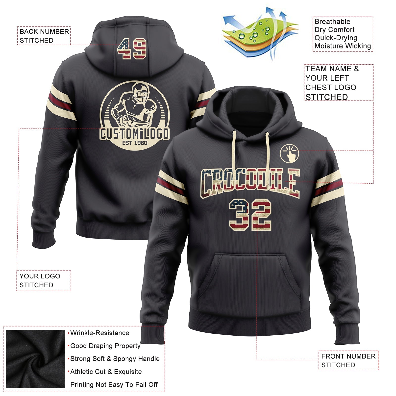 Custom Stitched Steel Gray Vintage USA Flag Cream-Crimson Football Pullover Sweatshirt Hoodie view 2