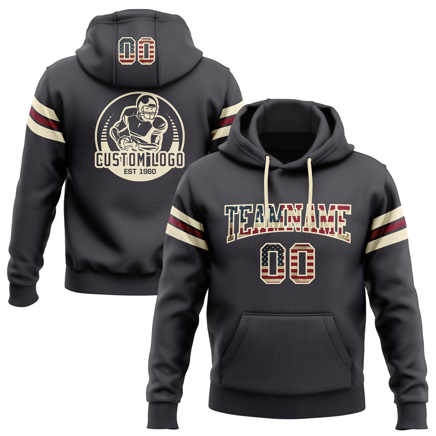 Custom Stitched Steel Gray Vintage USA Flag Cream-Crimson Football Pullover Sweatshirt Hoodie - Main View
