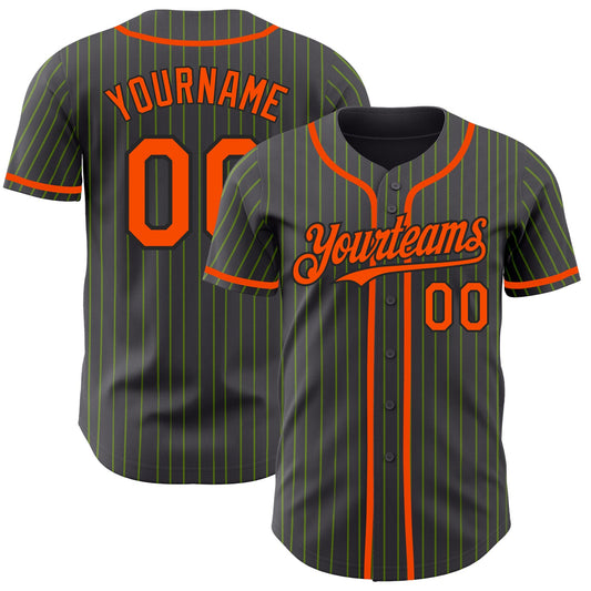 Custom Steel Gray Neon Green Pinstripe Orange-Black Authentic Baseball Jersey - Main View