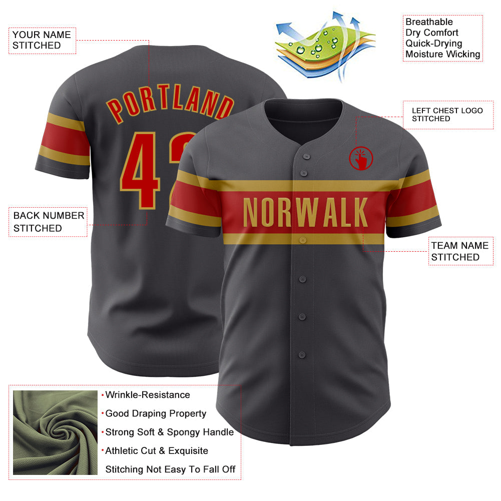 Custom Steel Gray Red-Old Gold Authentic Baseball Jersey view 3