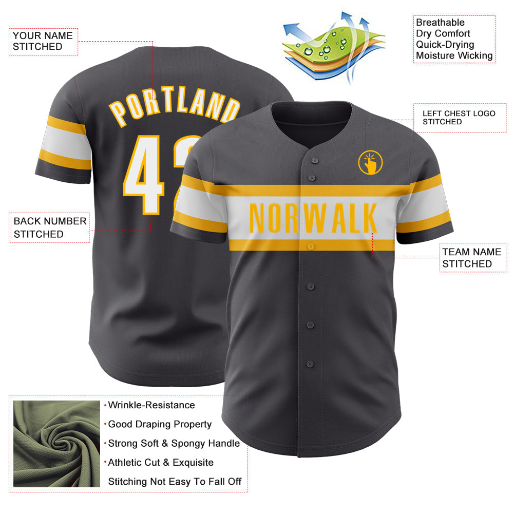 Custom Steel Gray White-Gold Authentic Baseball Jersey view 3