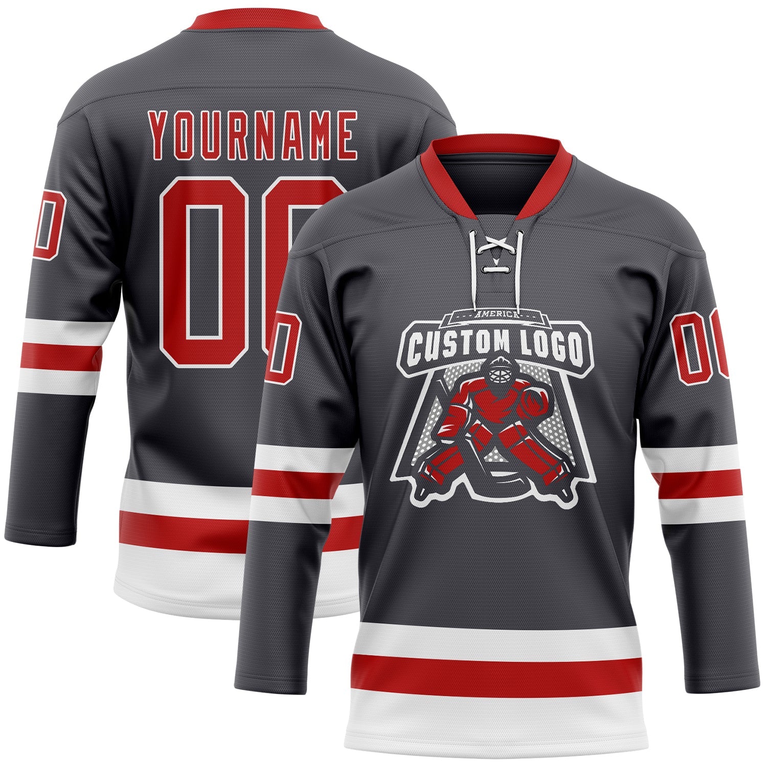 Custom Steel Gray Red-White Hockey Lace Neck Jersey view 2