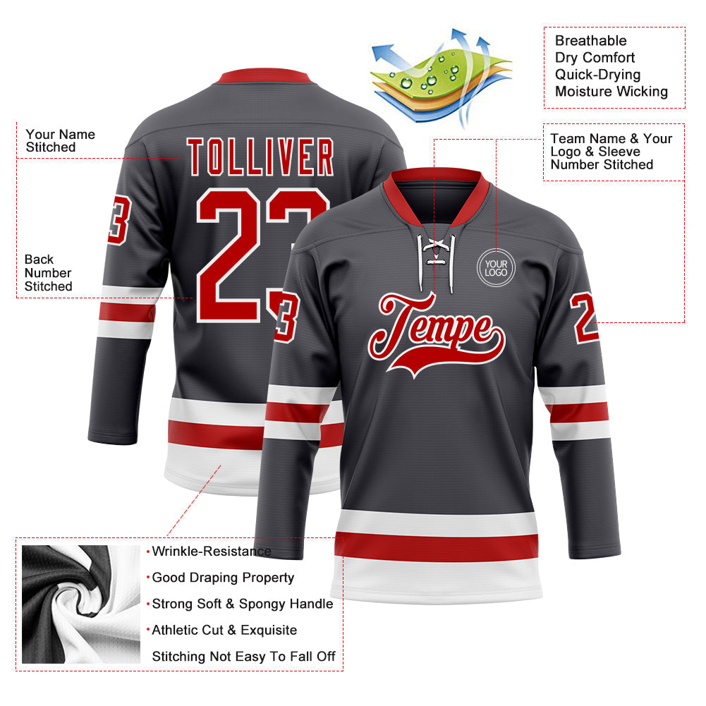 Custom Steel Gray Red-White Hockey Lace Neck Jersey view 3