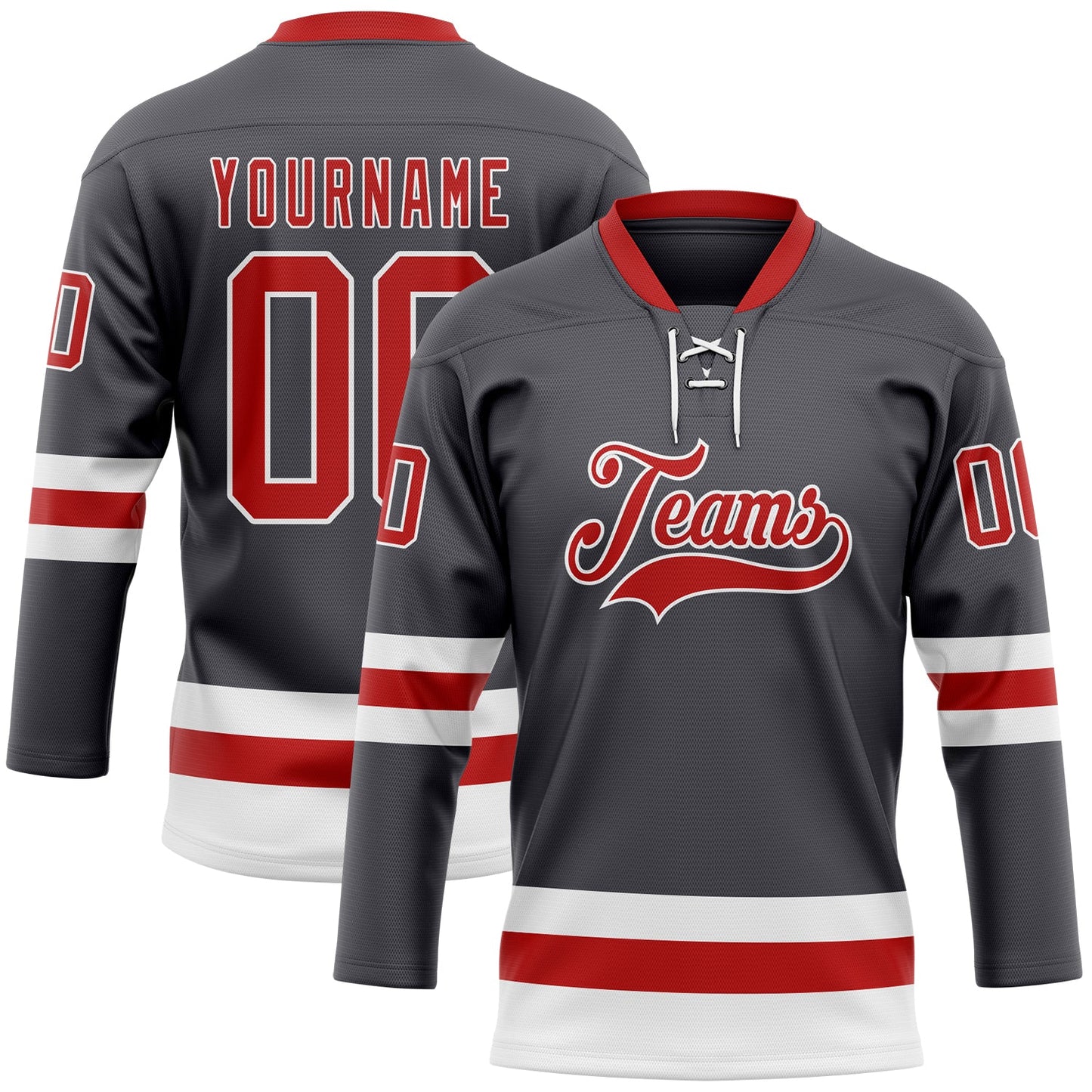 Custom Steel Gray Red-White Hockey Lace Neck Jersey - Main View