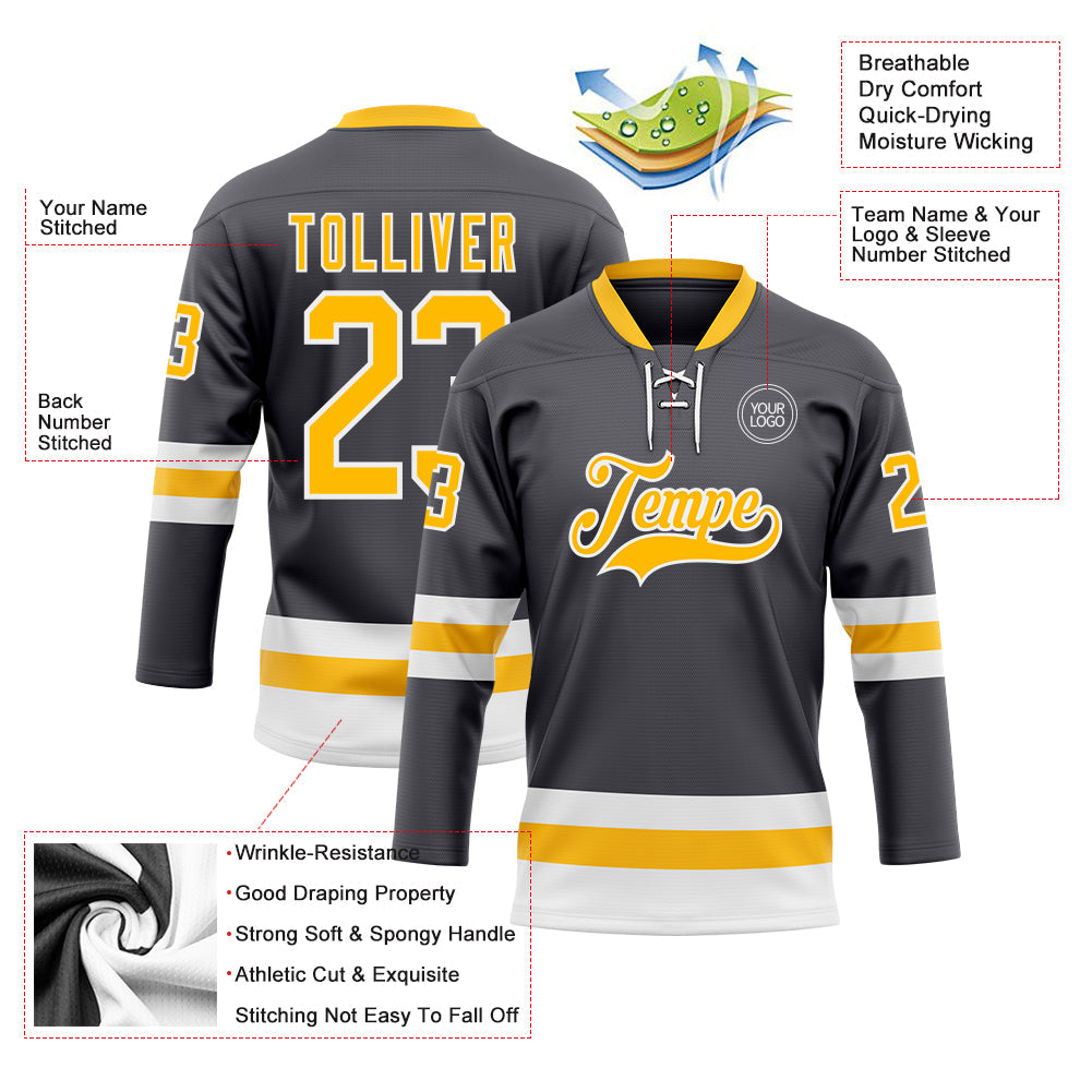 Custom Steel Gray Gold-White Hockey Lace Neck Jersey view 3