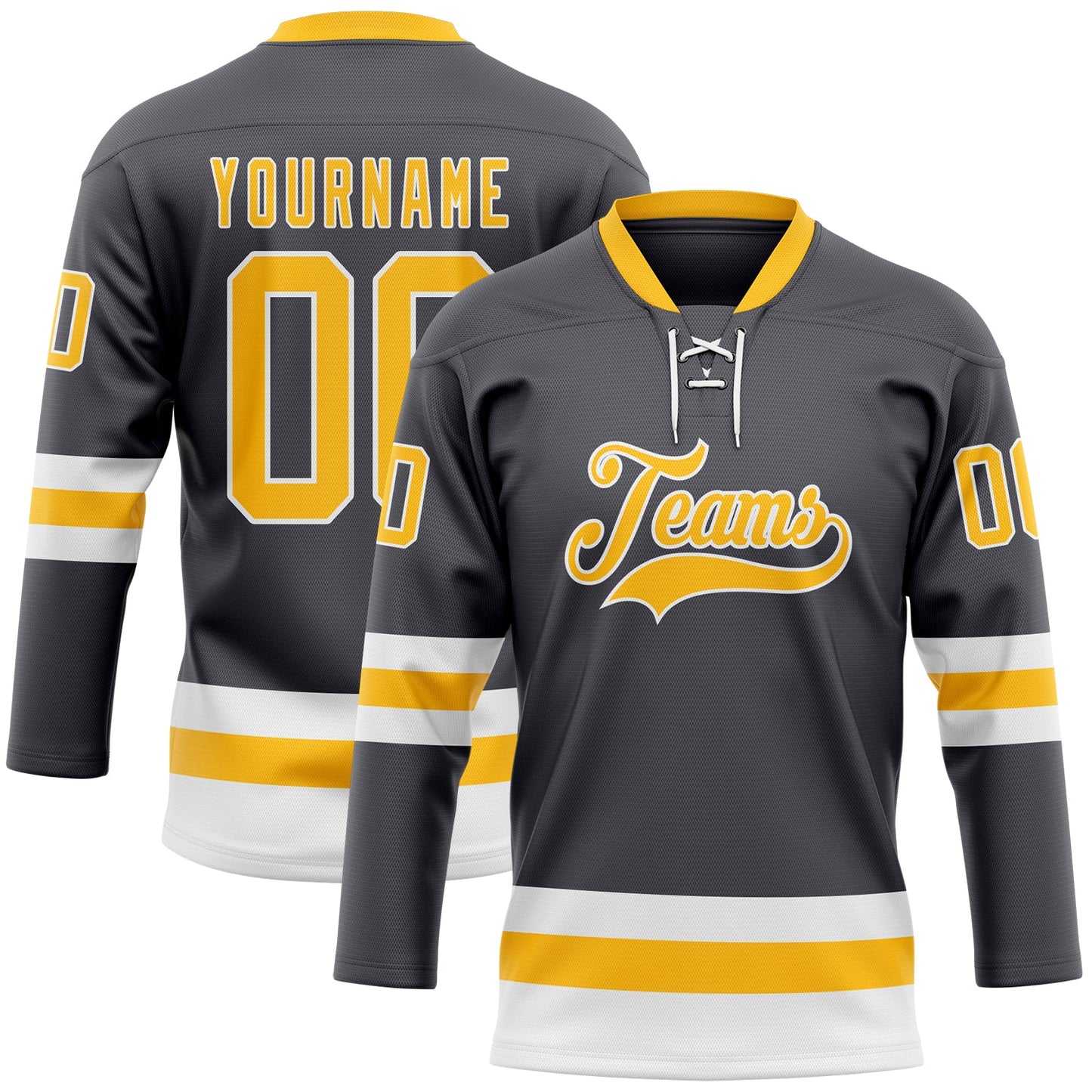 Custom Steel Gray Gold-White Hockey Lace Neck Jersey - Main View