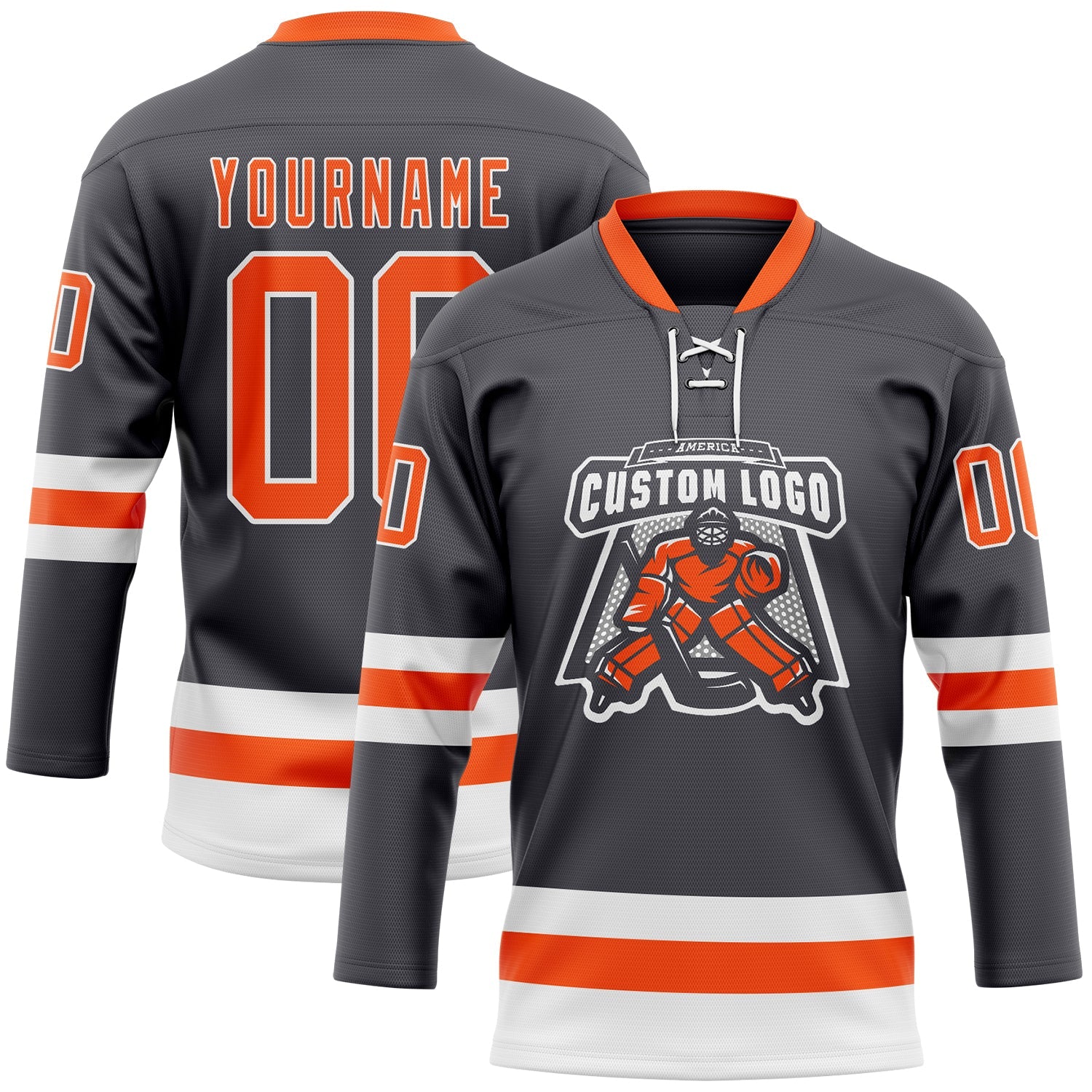 Custom Steel Gray Orange-White Hockey Lace Neck Jersey view 2