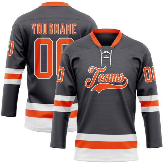 Custom Steel Gray Orange-White Hockey Lace Neck Jersey - Main View