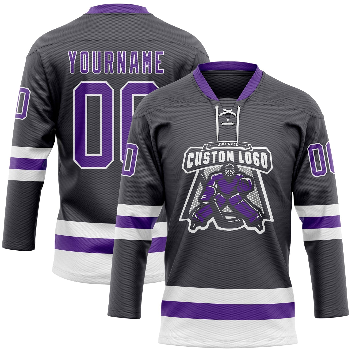 Custom Steel Gray Purple-White Hockey Lace Neck Jersey view 2