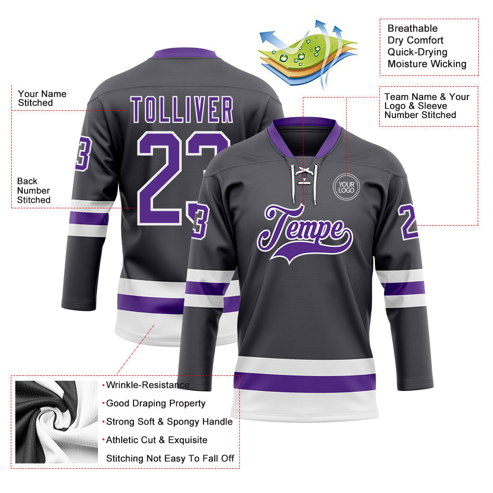 Custom Steel Gray Purple-White Hockey Lace Neck Jersey view 3