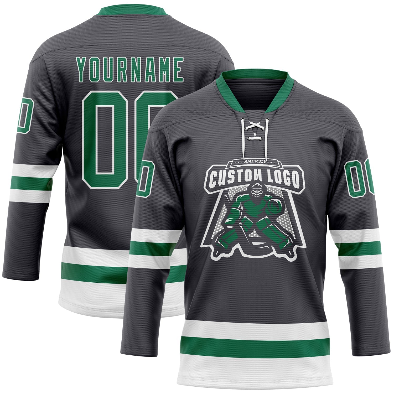 Custom Steel Gray Kelly Green-White Hockey Lace Neck Jersey view 2