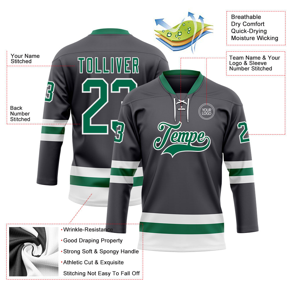 Custom Steel Gray Kelly Green-White Hockey Lace Neck Jersey view 3