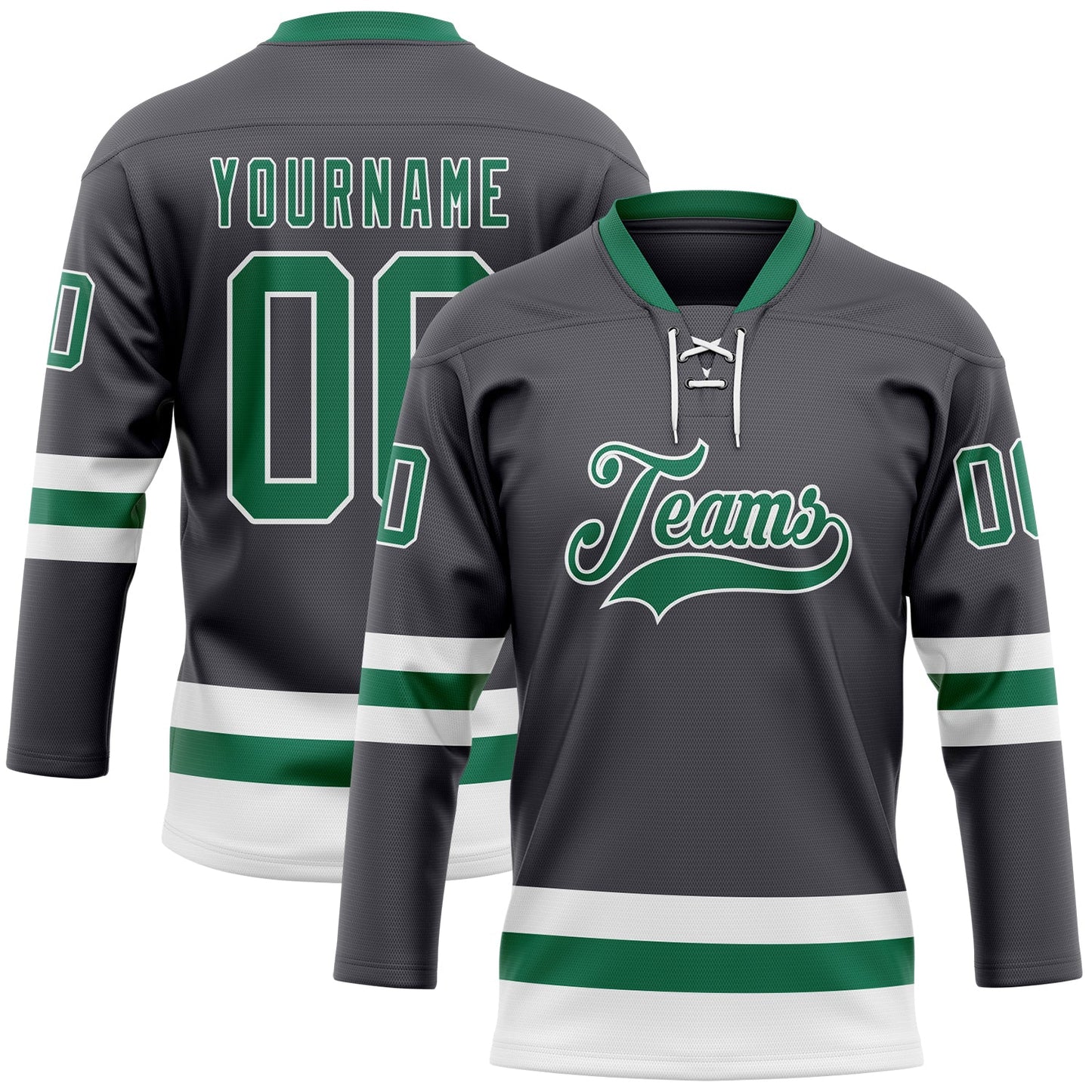 Custom Steel Gray Kelly Green-White Hockey Lace Neck Jersey - Main View