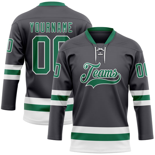 Custom Steel Gray Kelly Green-White Hockey Lace Neck Jersey - Main View