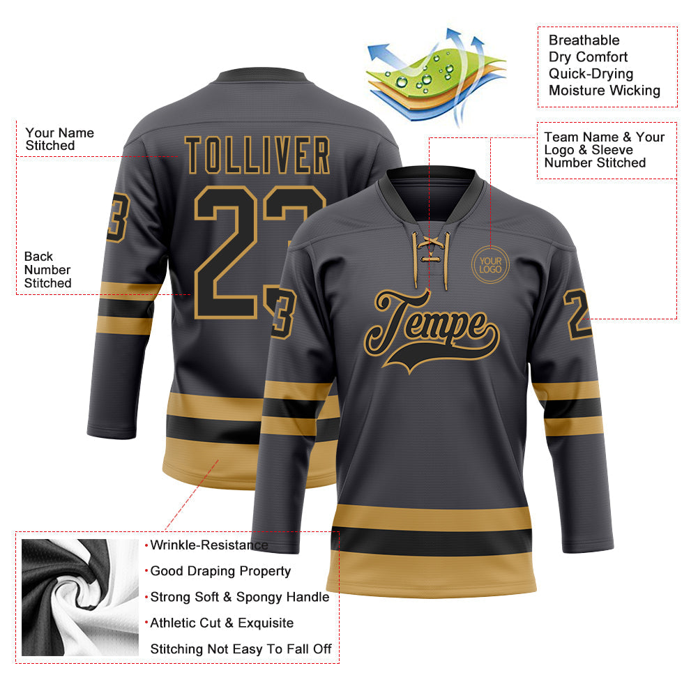 Custom Steel Gray Black-Old Gold Hockey Lace Neck Jersey view 3