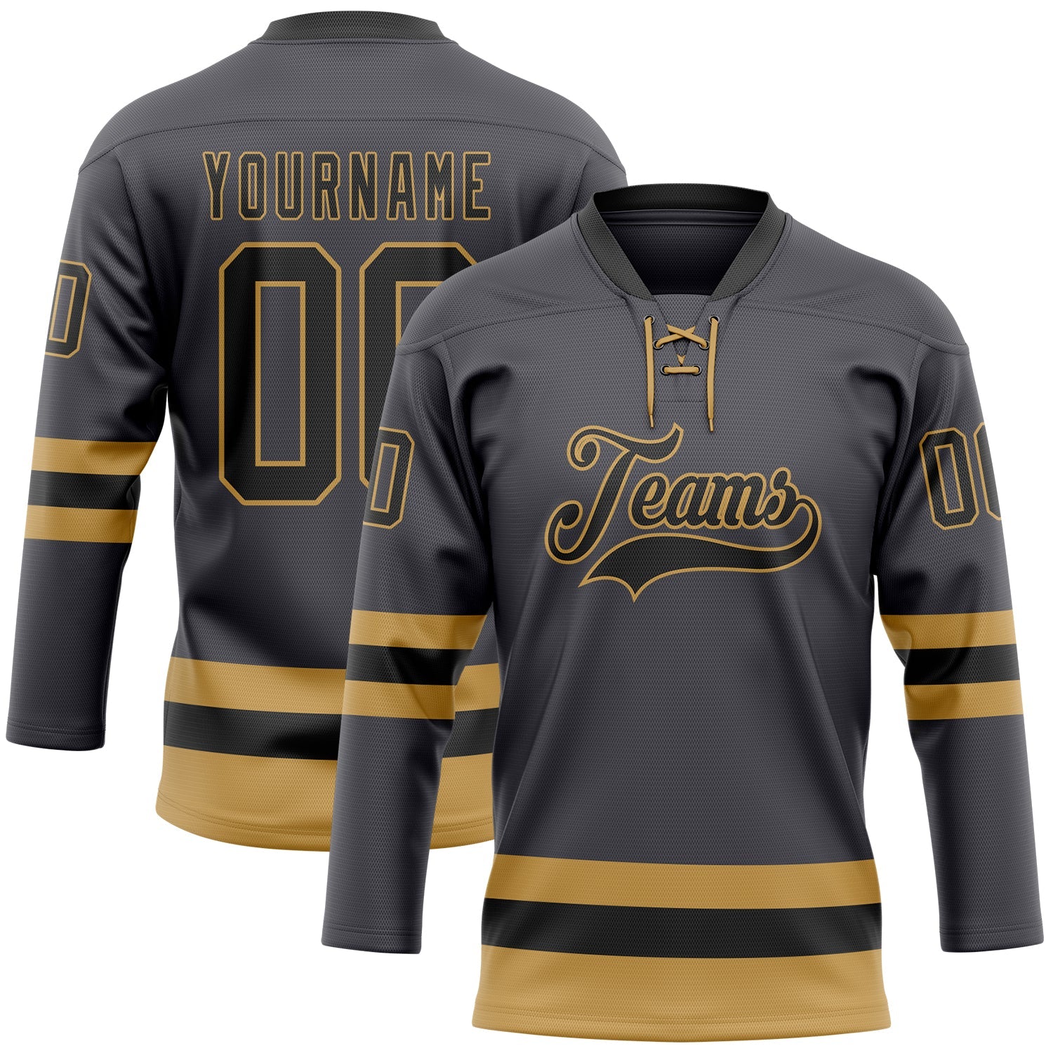 Custom Steel Gray Black-Old Gold Hockey Lace Neck Jersey - Main View
