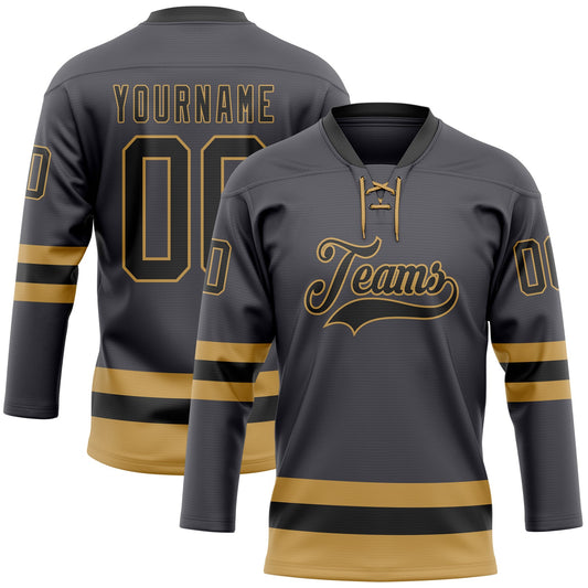 Custom Steel Gray Black-Old Gold Hockey Lace Neck Jersey - Main View