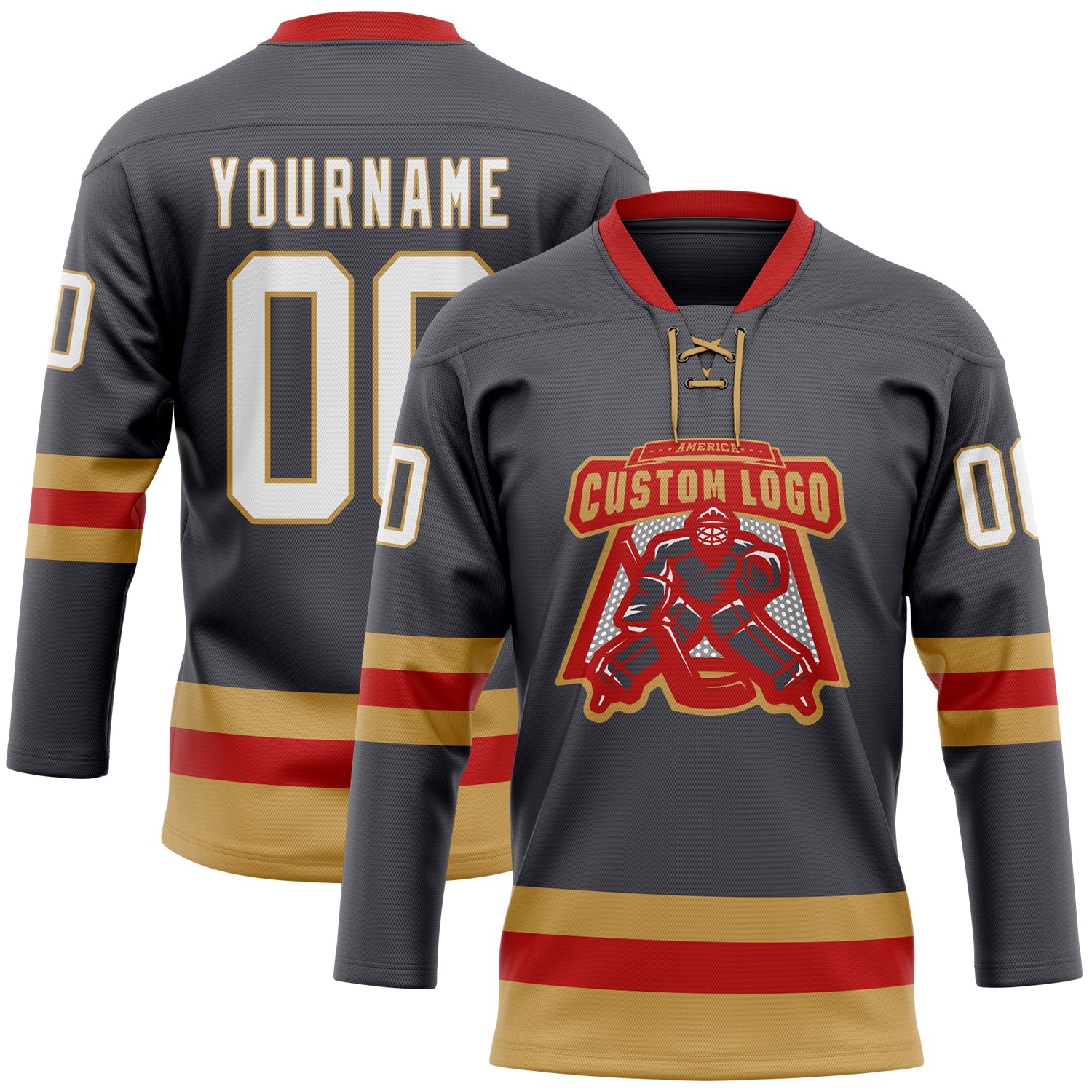 Custom Steel Gray Old Gold-Red Hockey Lace Neck Jersey view 2