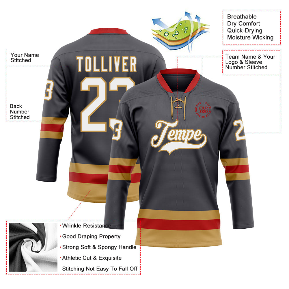 Custom Steel Gray Old Gold-Red Hockey Lace Neck Jersey view 3
