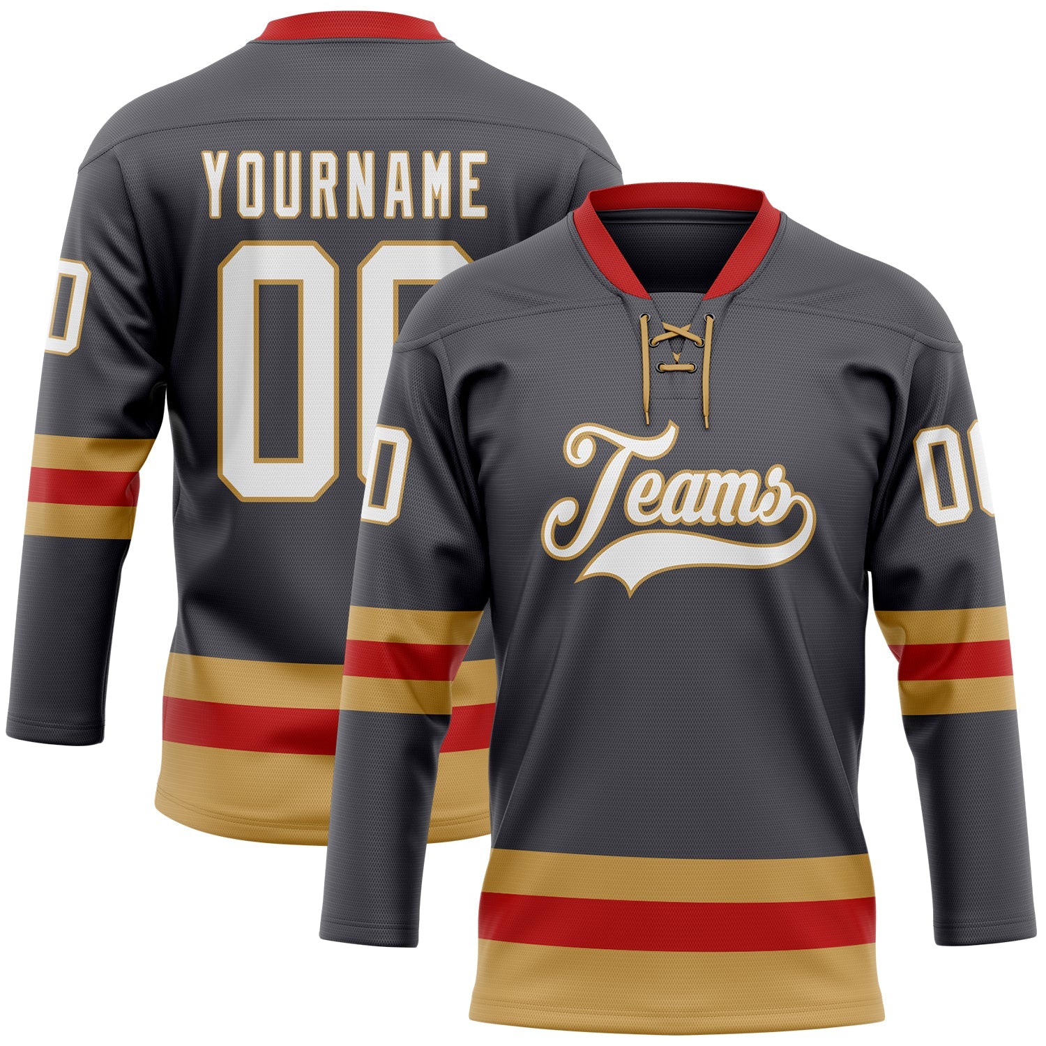 Custom Steel Gray Old Gold-Red Hockey Lace Neck Jersey - Main View