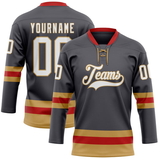 Custom Steel Gray Old Gold-Red Hockey Lace Neck Jersey - Main View