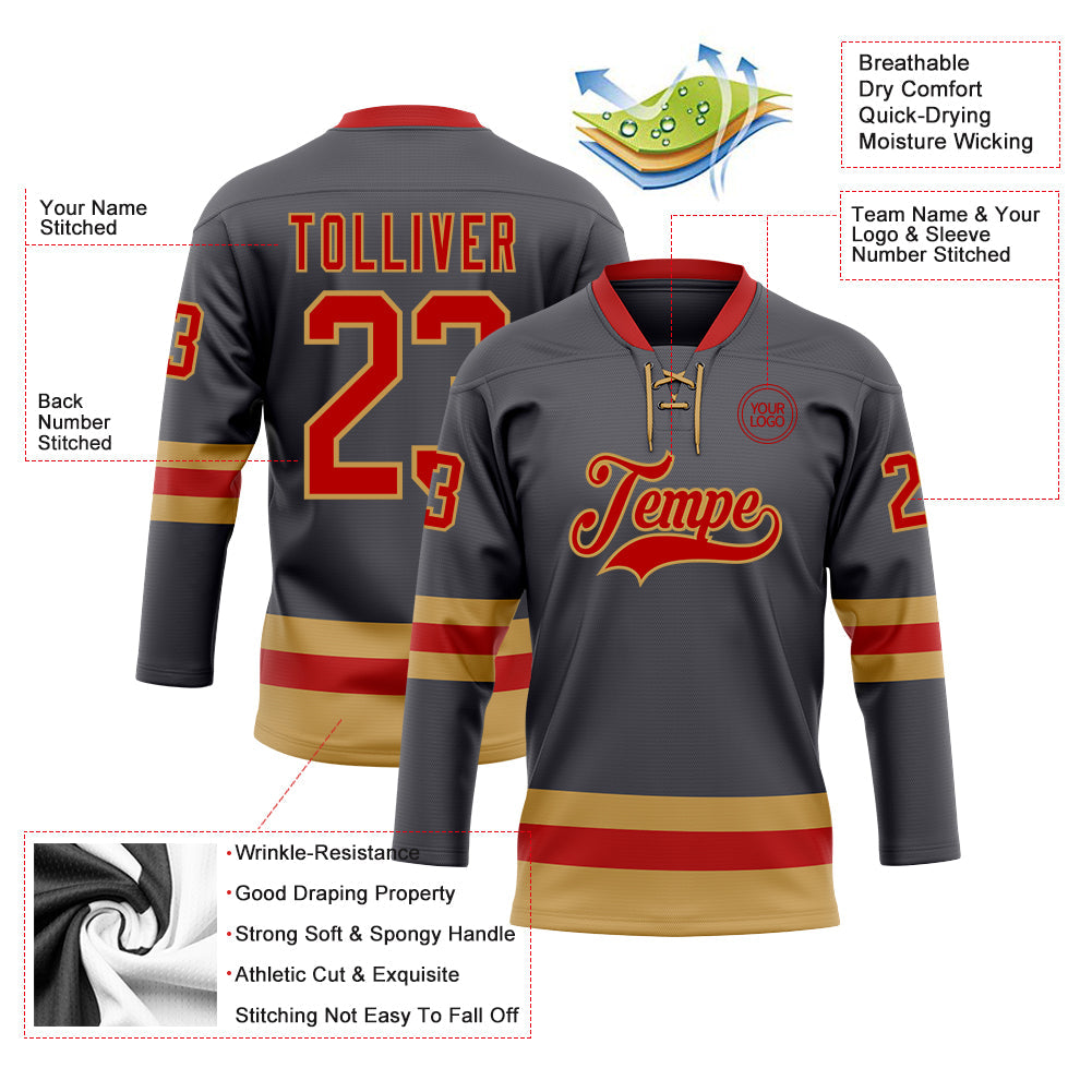 Custom Steel Gray Red-Old Gold Hockey Lace Neck Jersey view 3