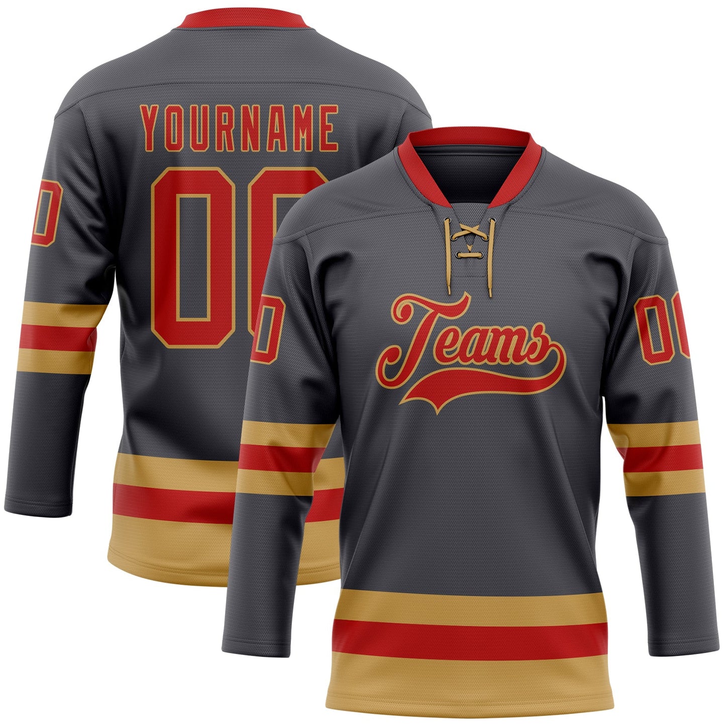 Custom Steel Gray Red-Old Gold Hockey Lace Neck Jersey - Main View