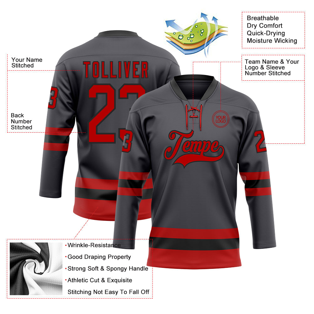 Custom Steel Gray Red-Black Hockey Lace Neck Jersey view 3