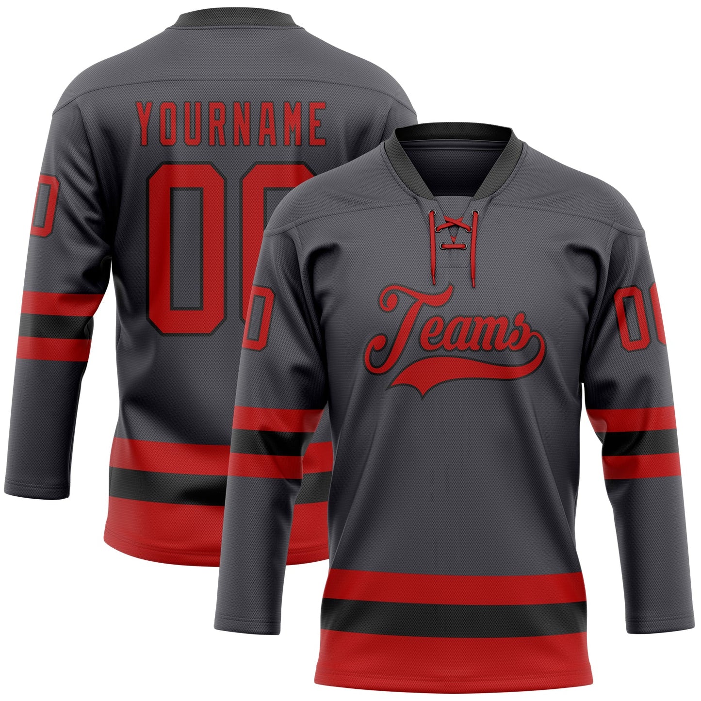 Custom Steel Gray Red-Black Hockey Lace Neck Jersey - Main View