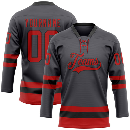 Custom Steel Gray Red-Black Hockey Lace Neck Jersey - Main View