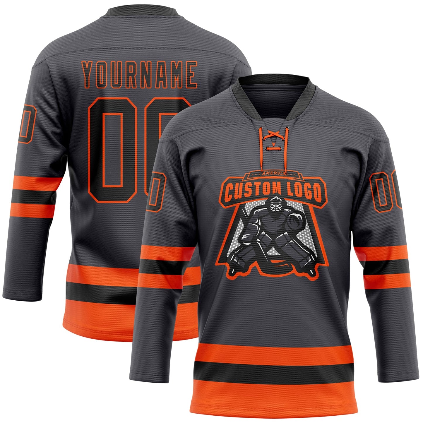 Custom Steel Gray Black-Orange Hockey Lace Neck Jersey view 2