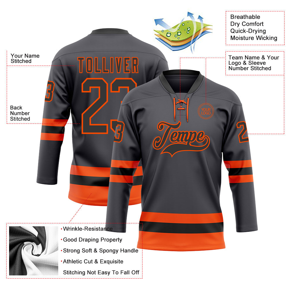 Custom Steel Gray Black-Orange Hockey Lace Neck Jersey view 3
