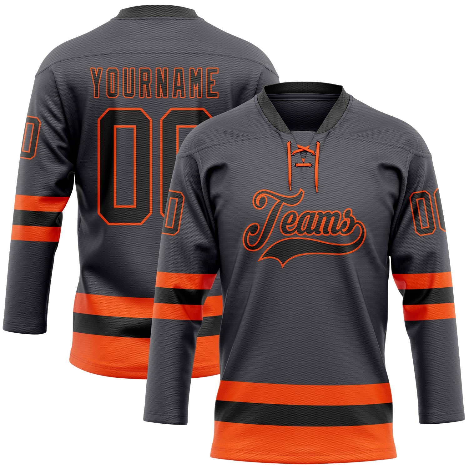 Custom Steel Gray Black-Orange Hockey Lace Neck Jersey - Main View