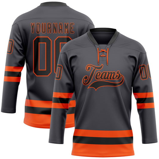 Custom Steel Gray Black-Orange Hockey Lace Neck Jersey - Main View