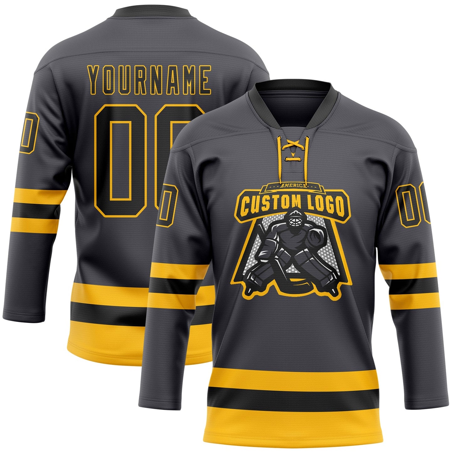 Custom Steel Gray Black-Gold Hockey Lace Neck Jersey view 2