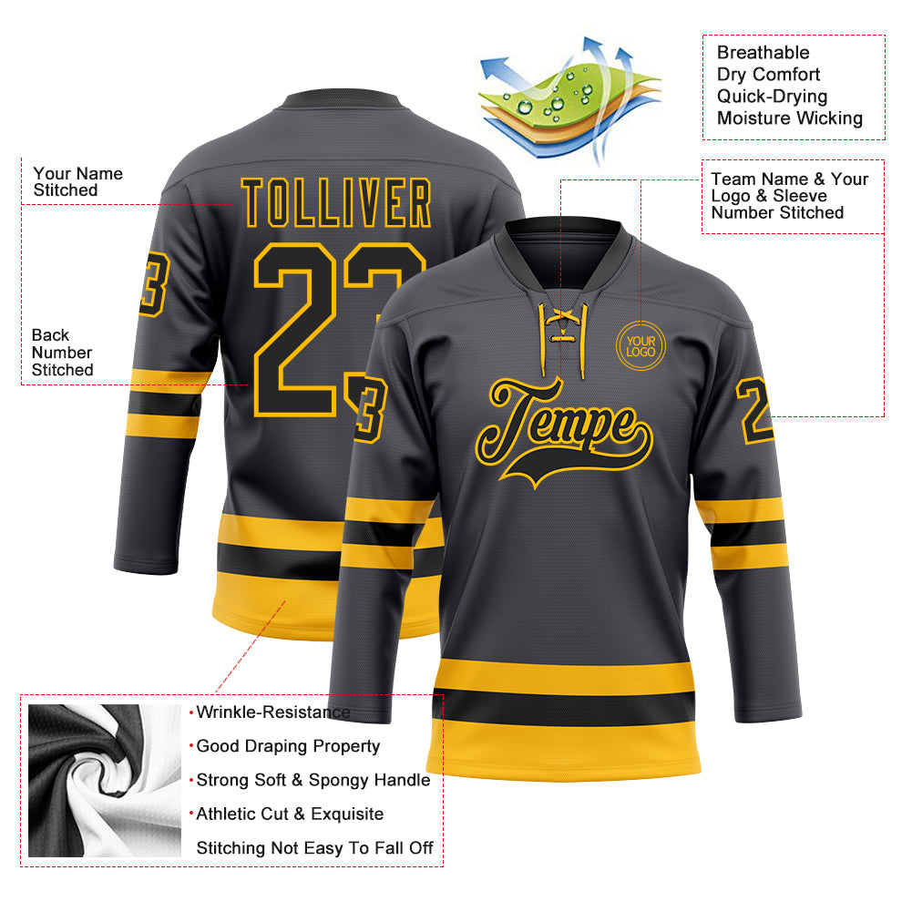 Custom Steel Gray Black-Gold Hockey Lace Neck Jersey view 3