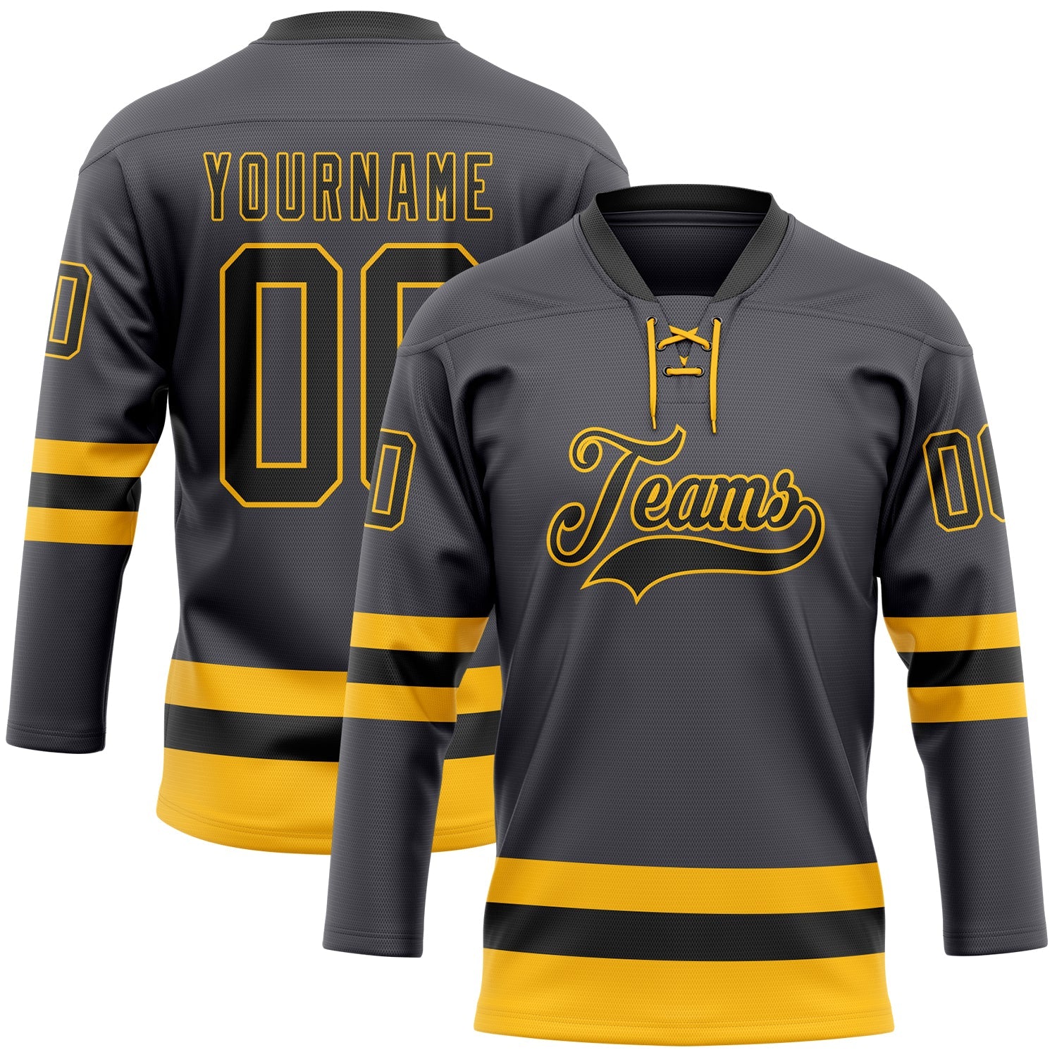 Custom Steel Gray Black-Gold Hockey Lace Neck Jersey - Main View