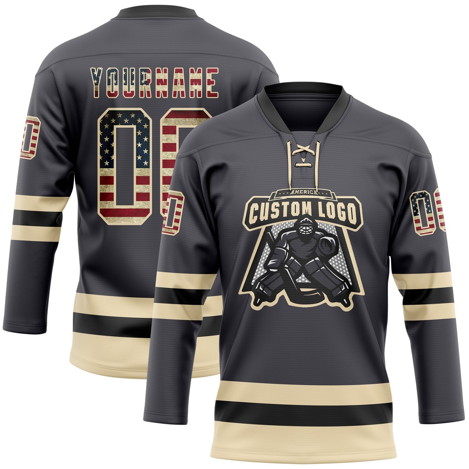 Custom Steel Gray Vintage USA Flag Cream-Black Hockey Lace Neck Jersey view 2