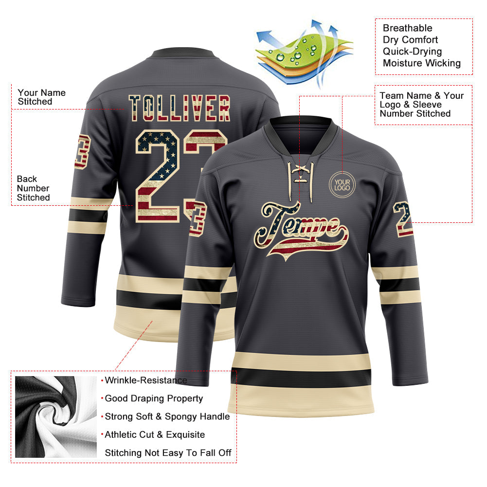 Custom Steel Gray Vintage USA Flag Cream-Black Hockey Lace Neck Jersey view 3