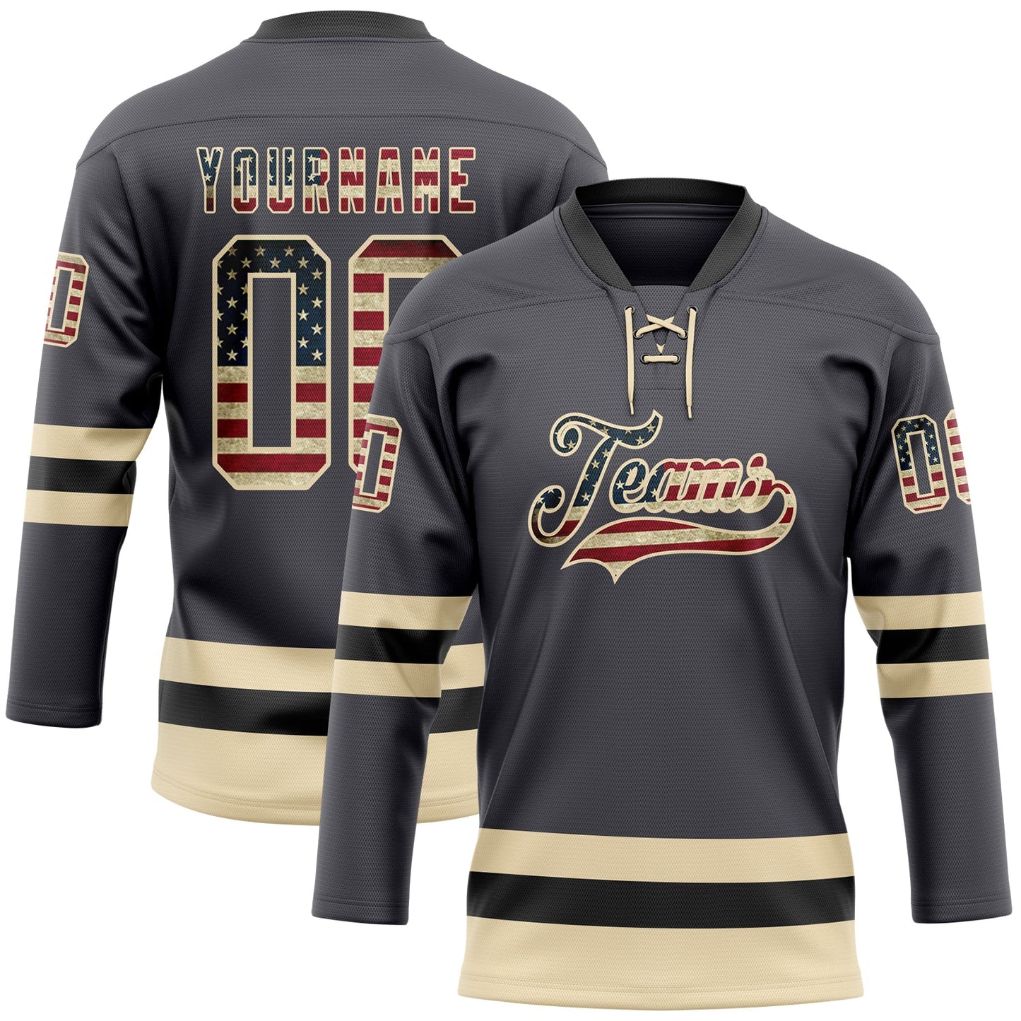 Custom Steel Gray Vintage USA Flag Cream-Black Hockey Lace Neck Jersey - Main View